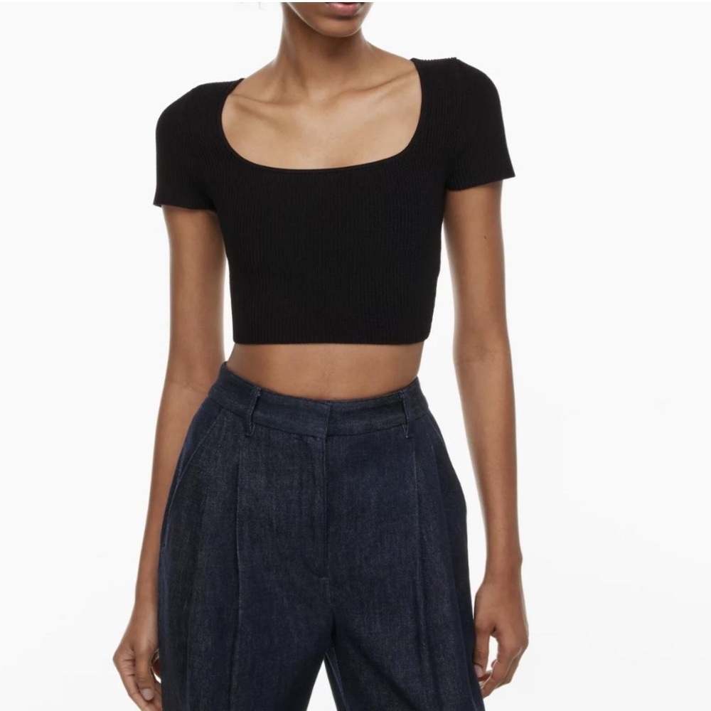NWT Aritzia Babaton Sculpt Ribbed Knit Squareneck Cropped Top in Black Size XL
